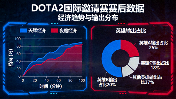 DOTA2国际邀请赛赛后数据面板，呈现双方经济曲线与英雄输出占比